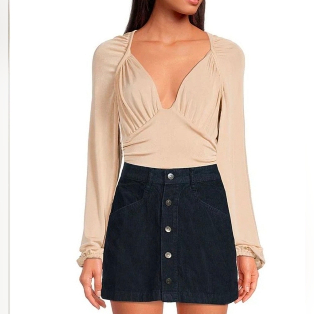 Free People Slinky Knit Plunge V-Neck Long Blouson Sleeve Ruched Bodysuit NWT